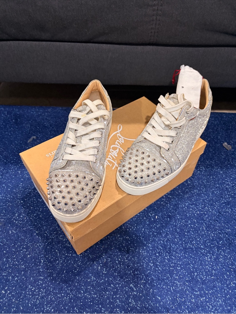 Christian Louboutin Silver Glitter Spike-Embellished Low-Top Sneakers